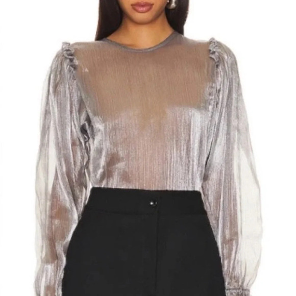 NWT Free People Freya Frost Top Metallic Silver Gray Sheer Long Sleeve Ribbon SP - Picture 6 of 16
